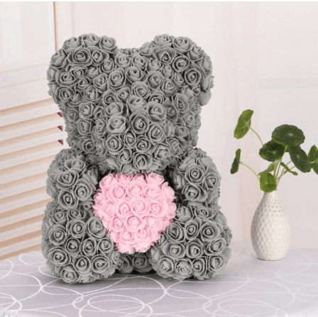 Ourson en roses gris et rose