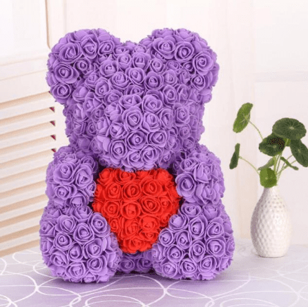 Ourson en roses violet et rouge