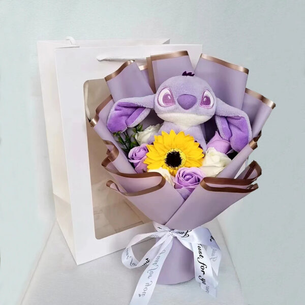 Peluche Lilo Stitch avec bouquet de fleurs Rose Savon