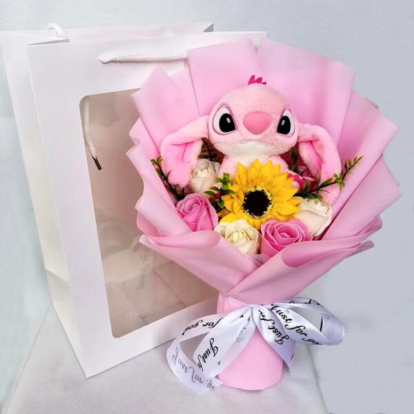 Peluche Lilo Stitch avec bouquet de fleurs Rose Savon