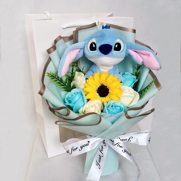 Peluche Lilo Stitch avec bouquet de fleurs Rose Savon