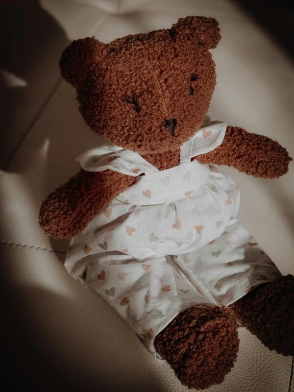 A cuddly brown teddy bear sits comfortably on a soft chair, dressed in heart-patterned clothes.