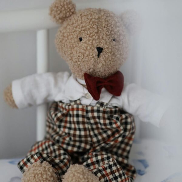 photo by alena evseenko Adorable teddy bear with checkered outfit and bowtie. Perfect for nurseries.