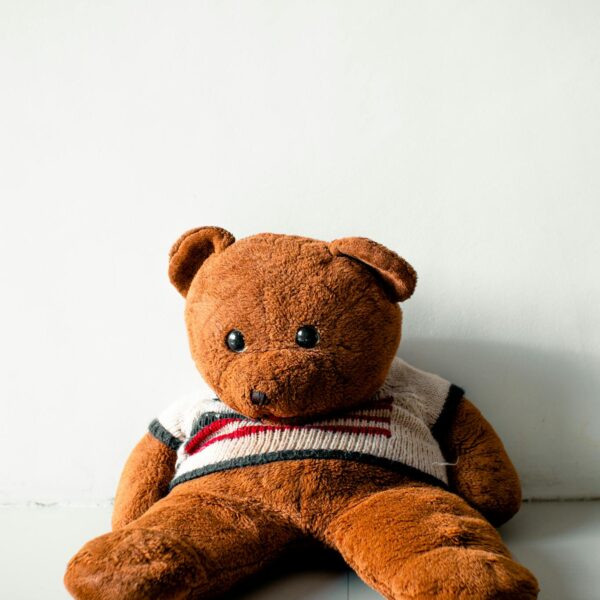 photo by nothing ahead Cute brown teddy bear wearing a sweater, sitting on a white floor against a plain background.