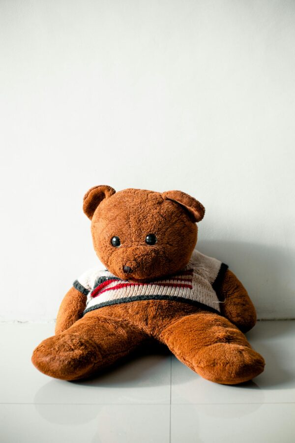 Cute brown teddy bear wearing a sweater, sitting on a white floor against a plain background.